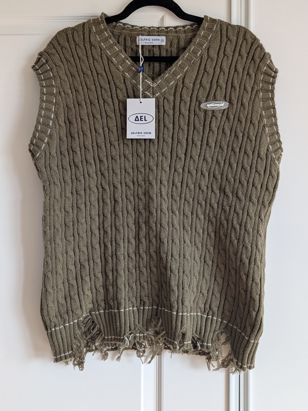 NWT Aelfric Eden Distressed Cable Knit Sweater Vest - Olive Green